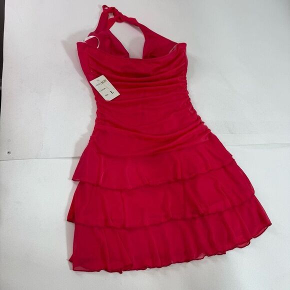 Taboo Mini Dress Womens Large Pink Halter Gemstones Y2K Stretch Tiered Ruffle - Picture 9 of 10